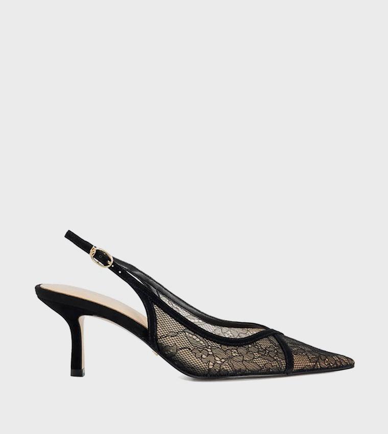 DEVINITY Pointed Toe Lace Slingback Pumps