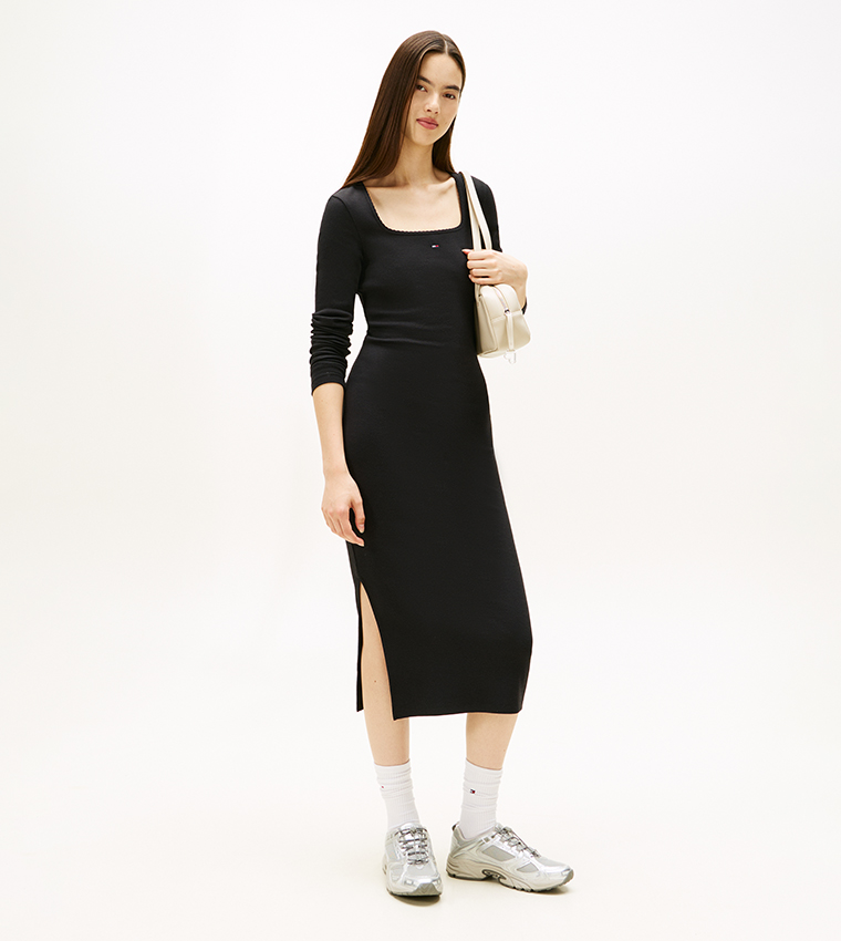 Ribbed Square Neck Midi Dress