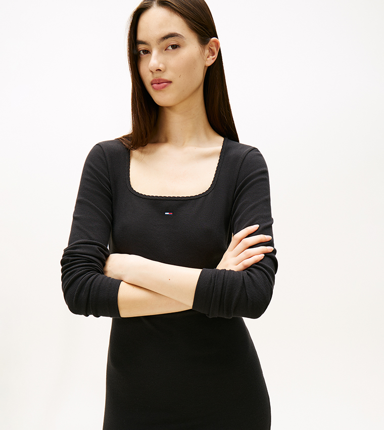 Ribbed Square Neck Midi Dress