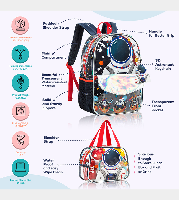 Astronaut Printed Set of 3School Bag, Lunch Bag and Pencil Case, 16 Inch