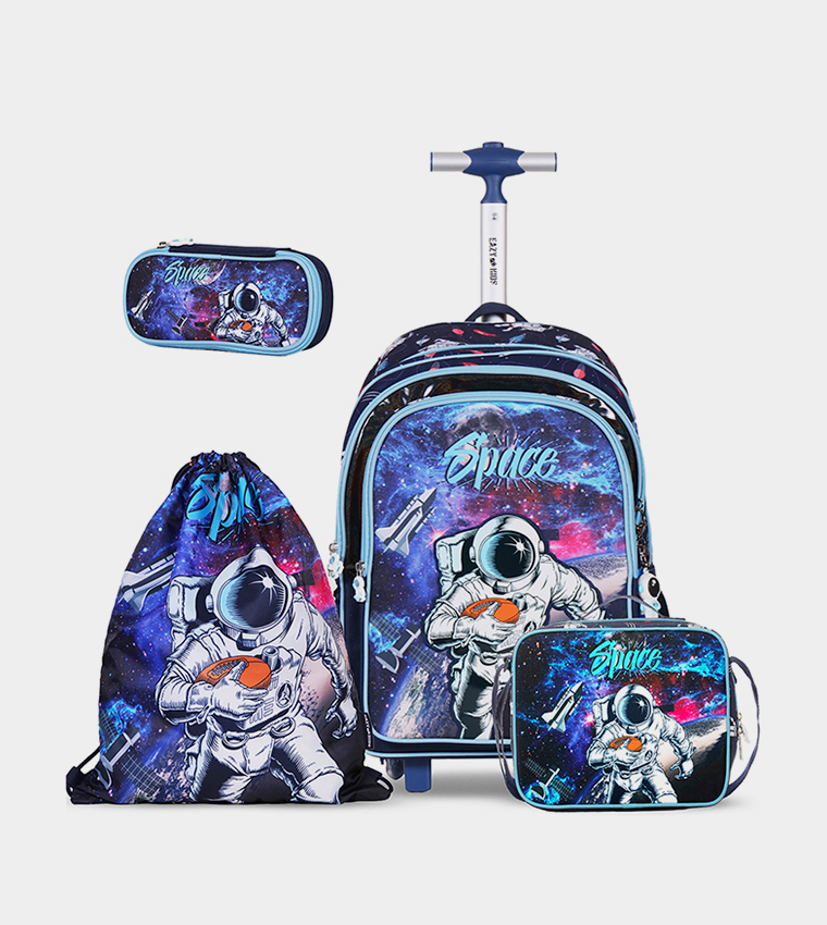 Eazy Kids - Back to School - 18" Set of 4 School Bag Lunch Bag Activity Bag , Pencil Case Astronaut-Blue