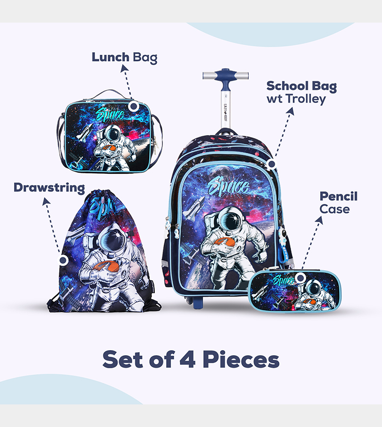 Eazy Kids - Back to School - 18" Set of 4 School Bag Lunch Bag Activity Bag , Pencil Case Astronaut-Blue