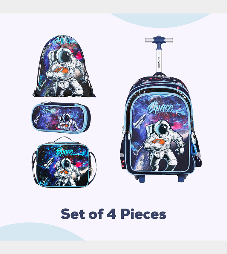 Eazy Kids - Back to School - 18" Set of 4 School Bag Lunch Bag Activity Bag , Pencil Case Astronaut-Blue