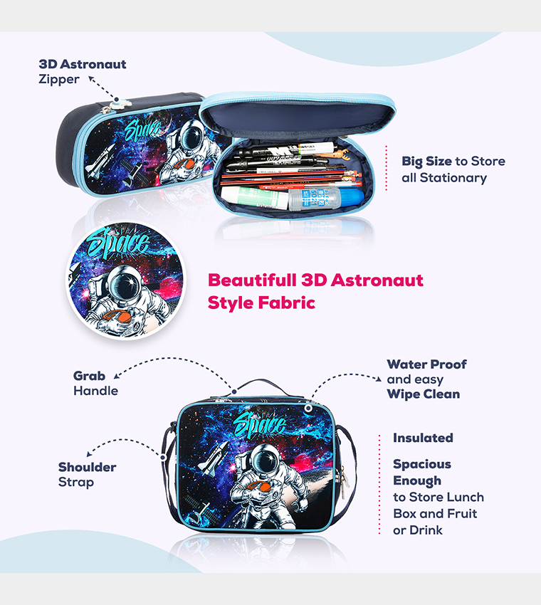 Eazy Kids - Back to School - 18" Set of 4 School Bag Lunch Bag Activity Bag , Pencil Case Astronaut-Blue