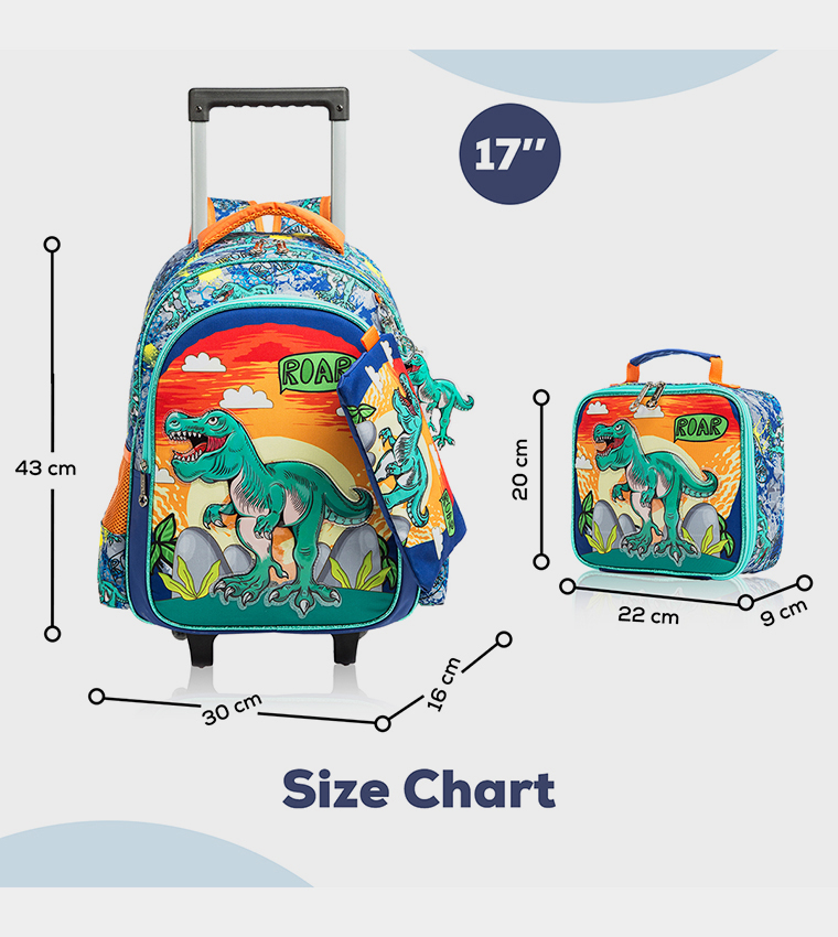 Eazy Kids - 17" Set of 3 Trolley School Bag Lunch Bag , Pencil Case Dinosaur - Orange