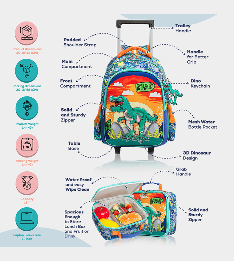Eazy Kids - 17" Set of 3 Trolley School Bag Lunch Bag , Pencil Case Dinosaur - Orange