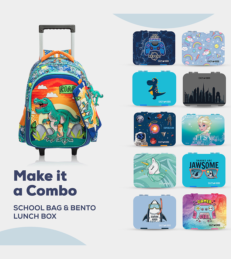 Eazy Kids - 17" Set of 3 Trolley School Bag Lunch Bag , Pencil Case Dinosaur - Orange