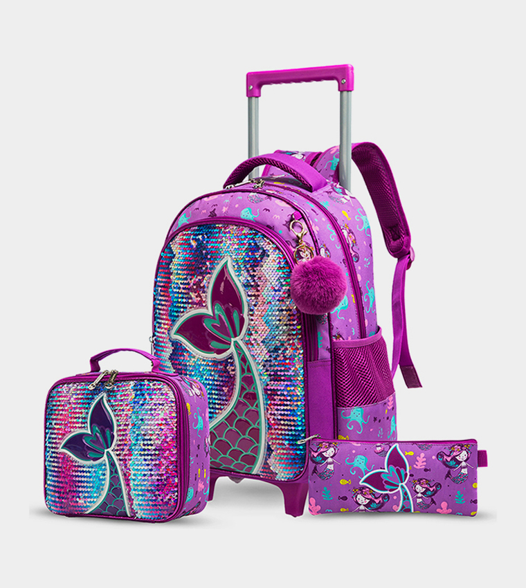Eazy Kids - 18" Set of 3 Trolley School Bag Lunch Bag , Pencil Case Mermaid - Purple