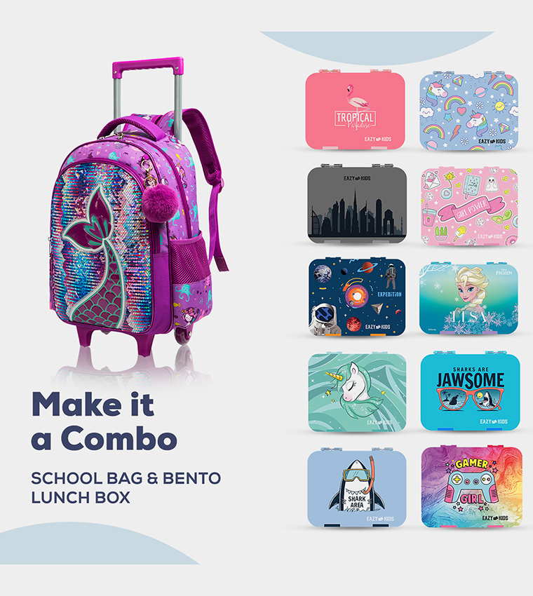 Eazy Kids - 18" Set of 3 Trolley School Bag Lunch Bag , Pencil Case Mermaid - Purple