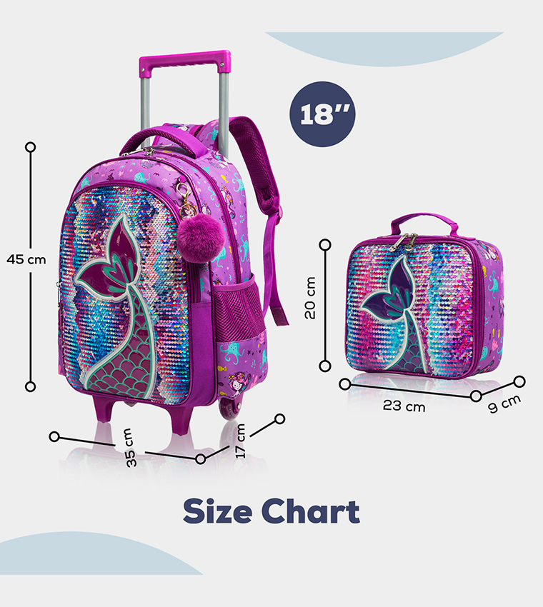Eazy Kids - 18" Set of 3 Trolley School Bag Lunch Bag , Pencil Case Mermaid - Purple