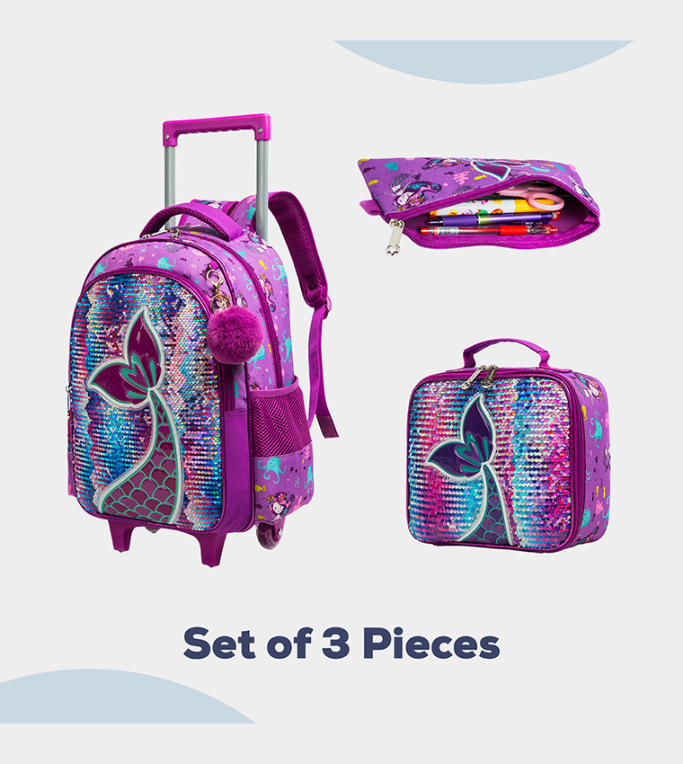 Eazy Kids - 18" Set of 3 Trolley School Bag Lunch Bag , Pencil Case Mermaid - Purple