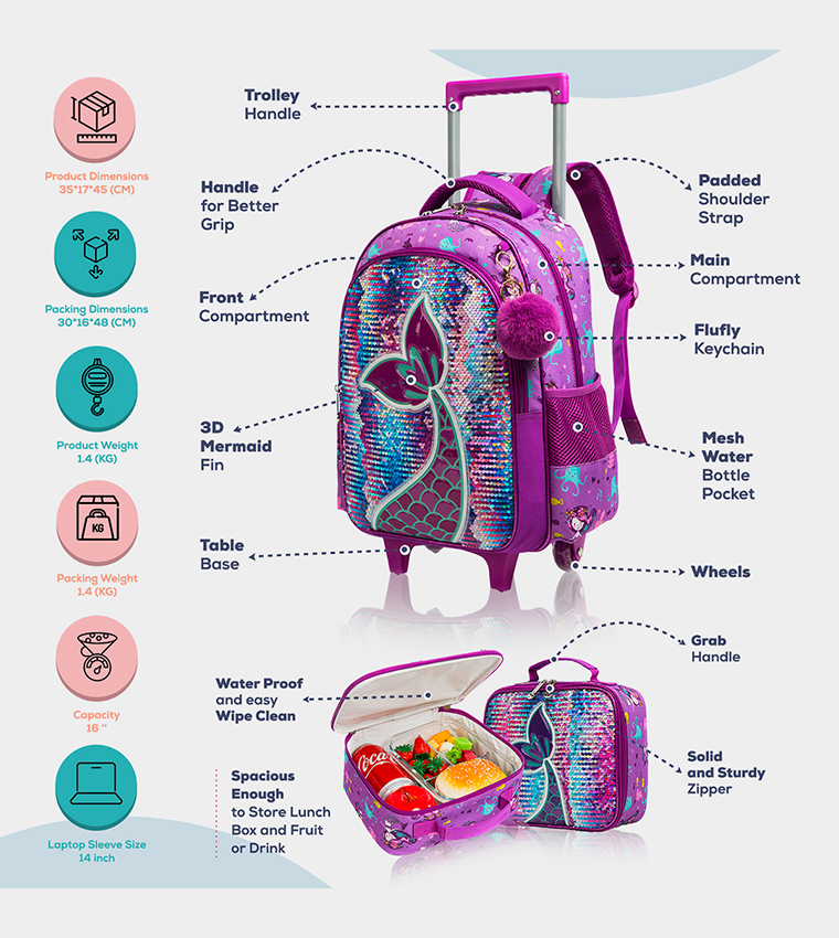Eazy Kids - 18" Set of 3 Trolley School Bag Lunch Bag , Pencil Case Mermaid - Purple