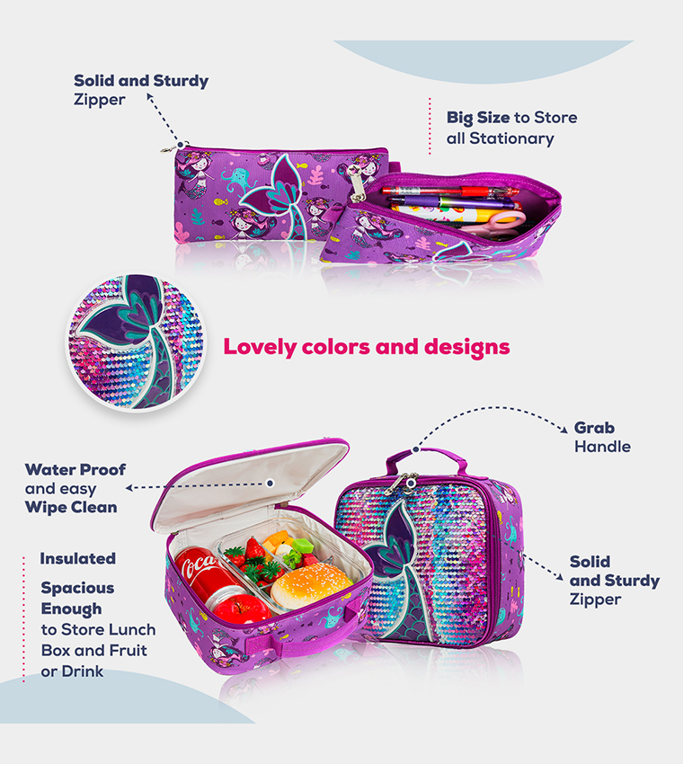 Eazy Kids - 18" Set of 3 Trolley School Bag Lunch Bag , Pencil Case Mermaid - Purple