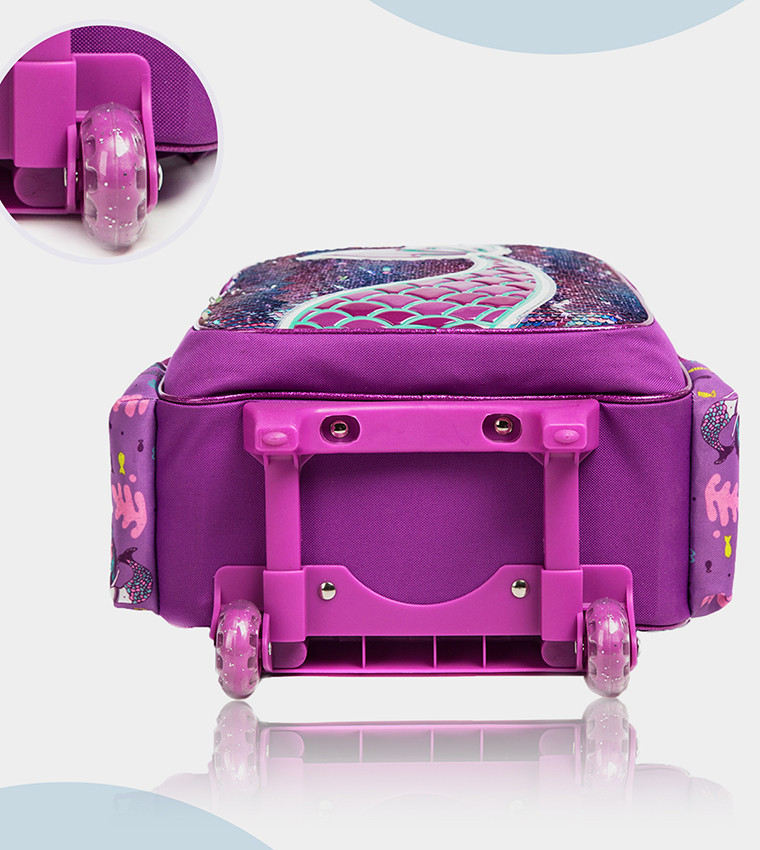 Eazy Kids - 18" Set of 3 Trolley School Bag Lunch Bag , Pencil Case Mermaid - Purple