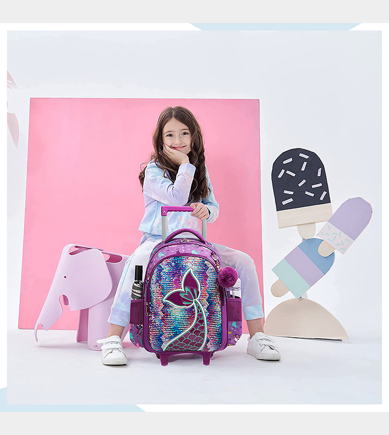 Eazy Kids - 18" Set of 3 Trolley School Bag Lunch Bag , Pencil Case Mermaid - Purple