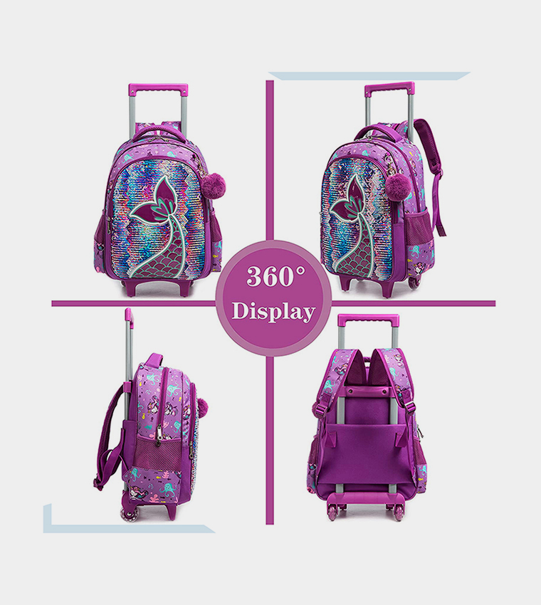 Eazy Kids - 18" Set of 3 Trolley School Bag Lunch Bag , Pencil Case Mermaid - Purple
