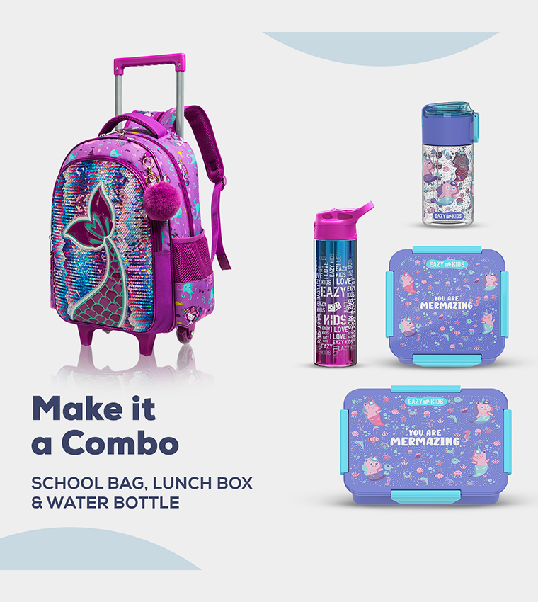 Eazy Kids - 18" Set of 3 Trolley School Bag Lunch Bag , Pencil Case Mermaid - Purple