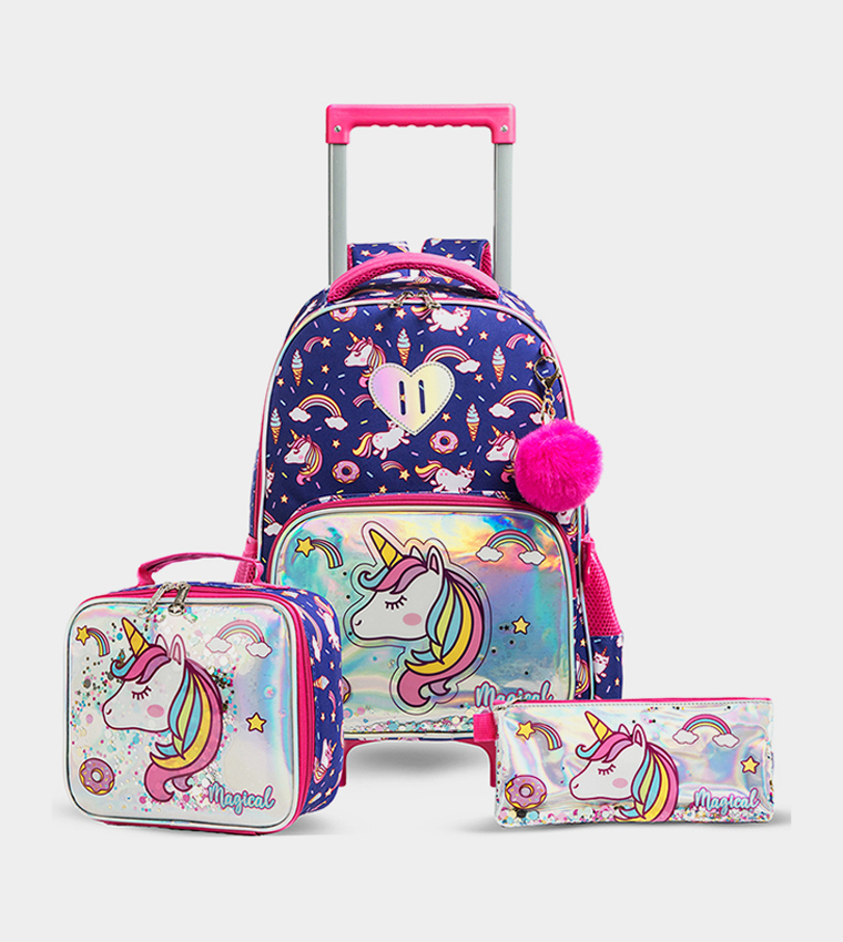Set of 3 Unicorn Chrome Trolley School Bag Lunch Bag and Pencil Case, 16 Inch