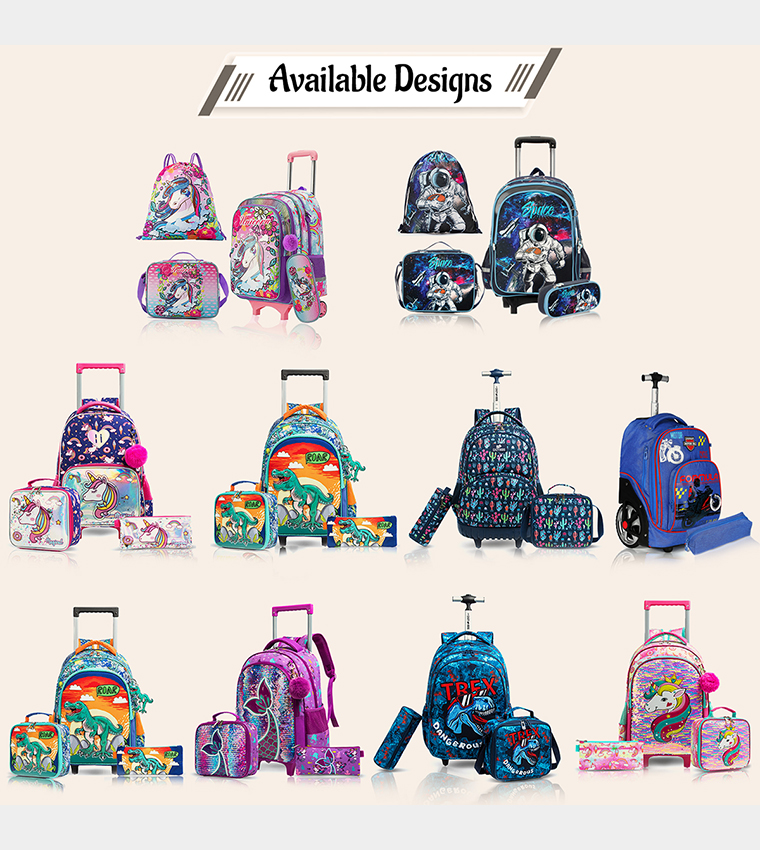 Set of 3 Unicorn Chrome Trolley School Bag Lunch Bag and Pencil Case, 16 Inch