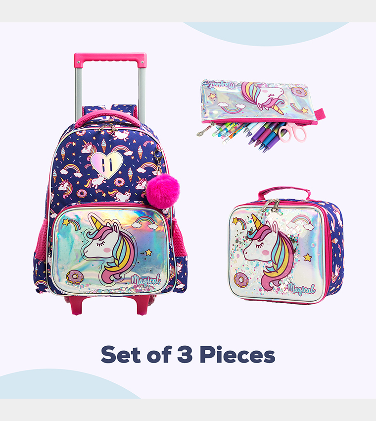 Set of 3 Unicorn Chrome Trolley School Bag Lunch Bag and Pencil Case, 16 Inch