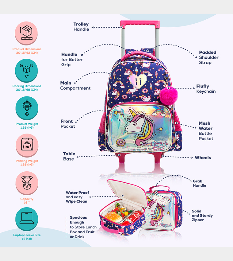 Set of 3 Unicorn Chrome Trolley School Bag Lunch Bag and Pencil Case, 16 Inch