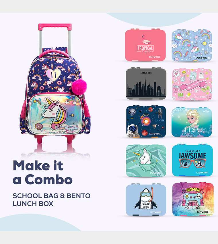 Set of 3 Unicorn Chrome Trolley School Bag Lunch Bag and Pencil Case, 16 Inch