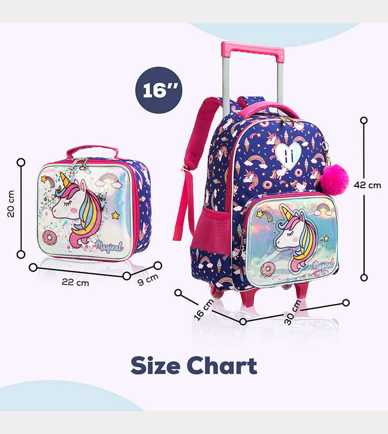 Set of 3 Unicorn Chrome Trolley School Bag Lunch Bag and Pencil Case, 16 Inch