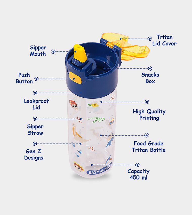 T Rex Printed Tritan Water Bottle with Snack Box, 450ml