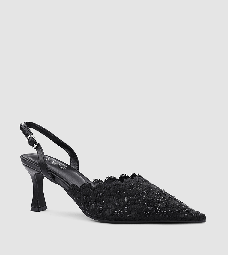 Embellished Pointed Toe Lace Pumps