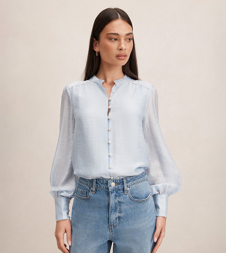 ANGELICA Pearl Detail Bishop Sleeves Top