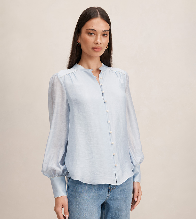 ANGELICA Pearl Detail Bishop Sleeves Top