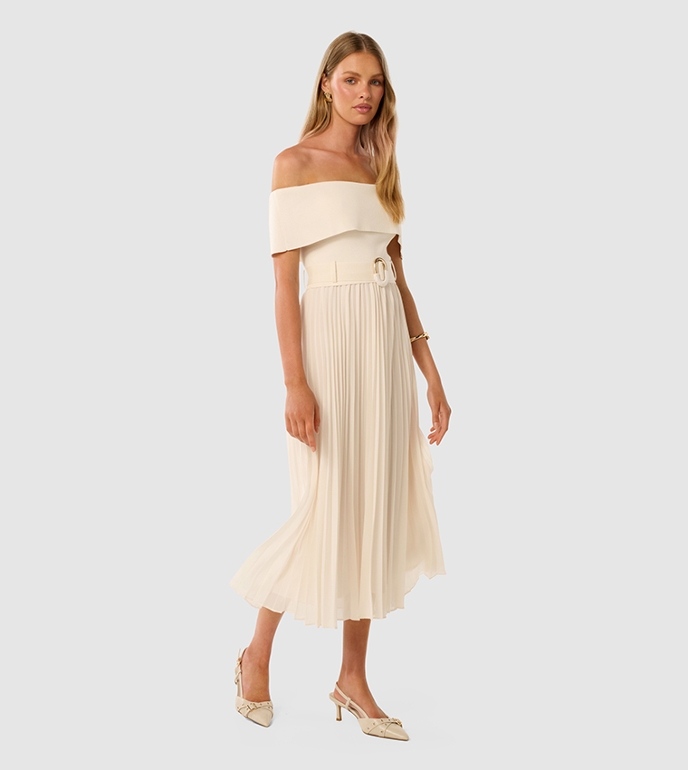 CAPRI Bardot Pleated Hem Midi Dress