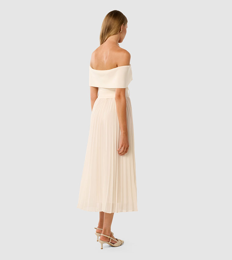 CAPRI Bardot Pleated Hem Midi Dress