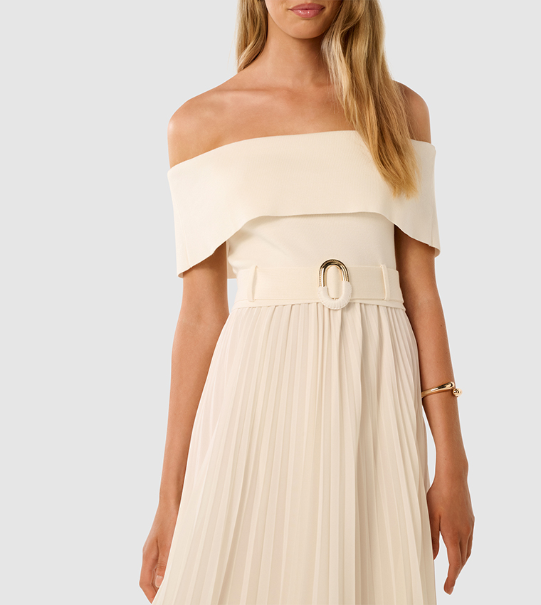 CAPRI Bardot Pleated Hem Midi Dress