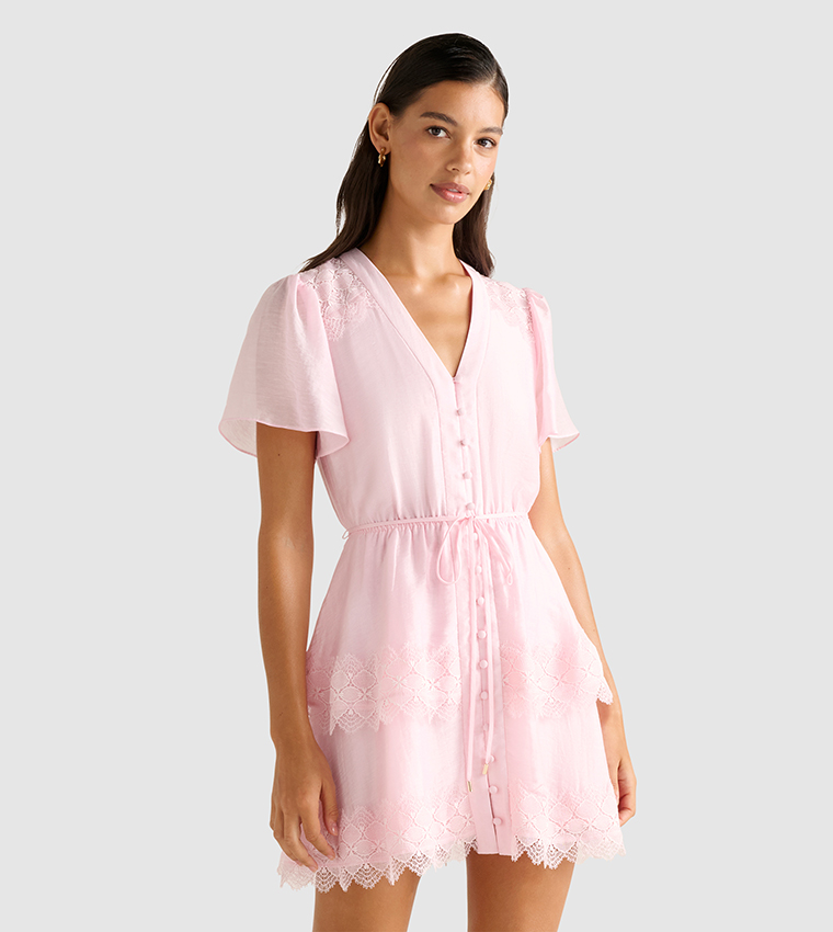 Buy Forever New FN EMMY Lace Trim Mini Dress In Pink | 6thstreet