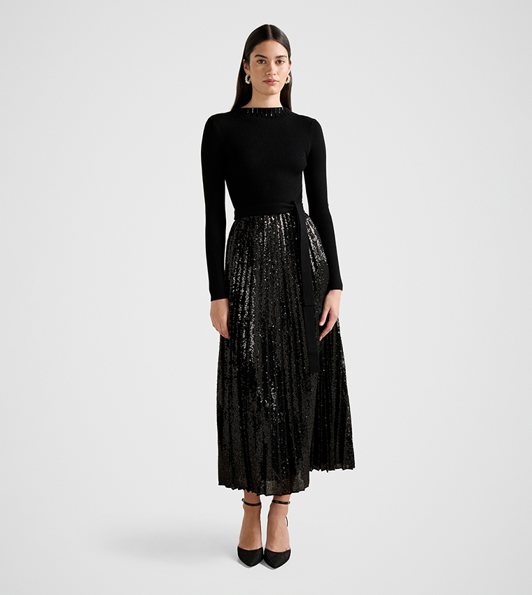 LINA Sequined Pleated Knit Midi Dress