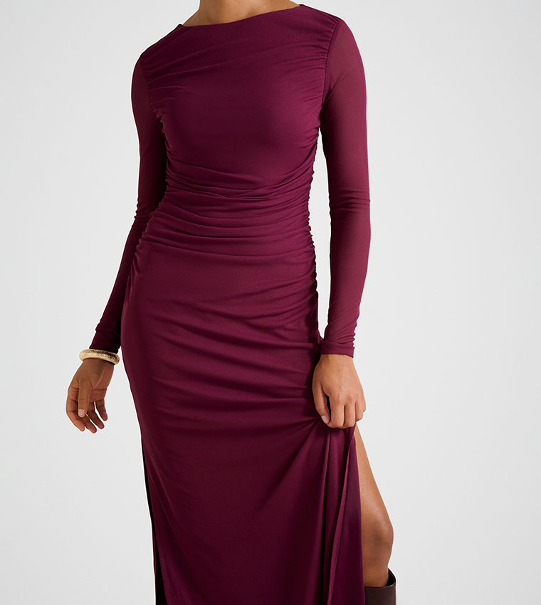 FN BRITTANY Gathered Mesh Midi Dress