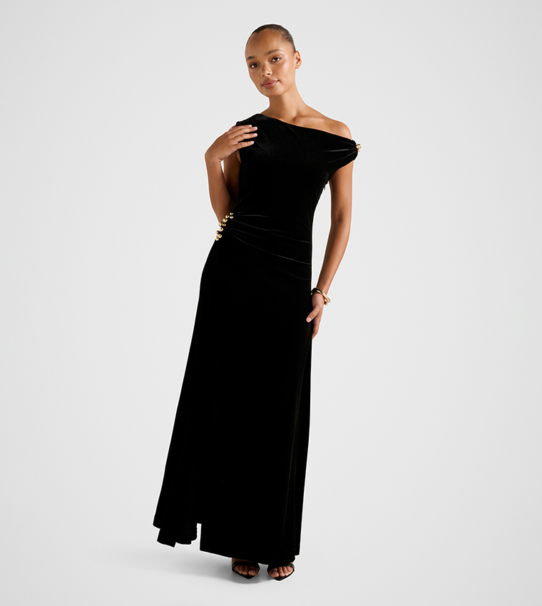 FN WINSLET Asymmetric Neck Velvet Maxi Dress