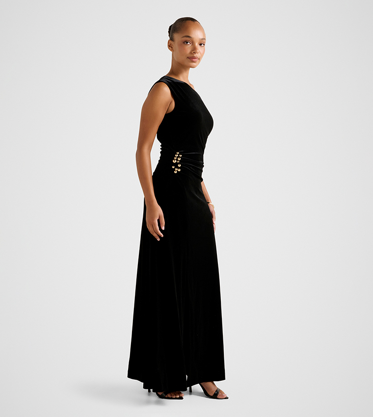 FN WINSLET Asymmetric Neck Velvet Maxi Dress