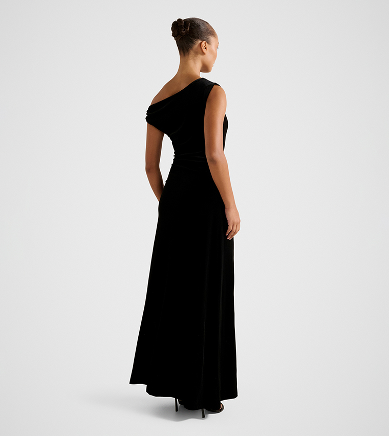 FN WINSLET Asymmetric Neck Velvet Maxi Dress