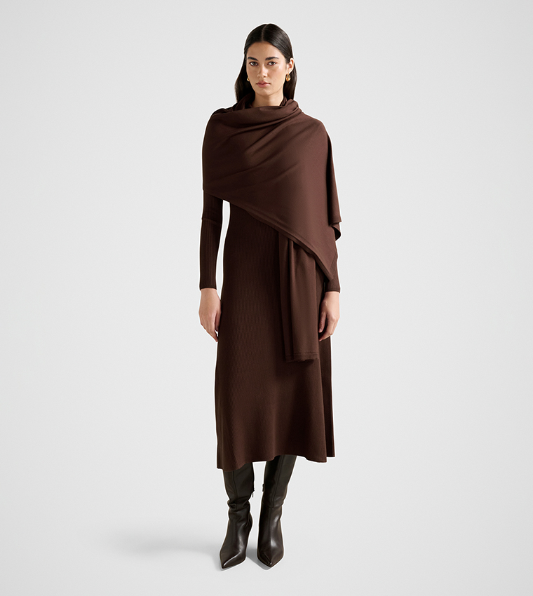FN AMELIE A-Line Knitted Midi Dress with Scarf