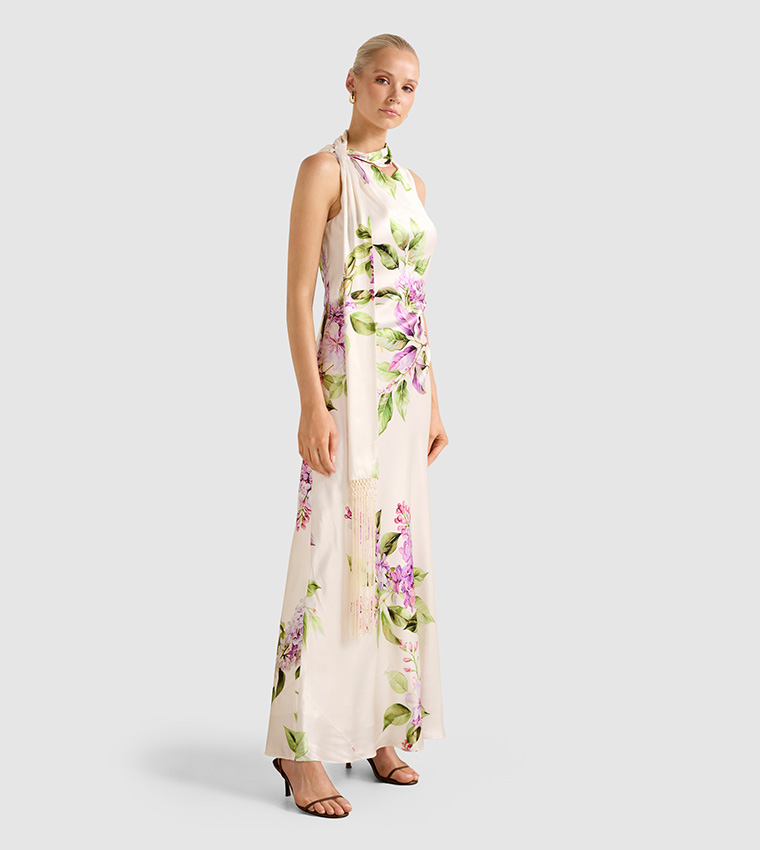 ARIANE Tassel Scarf Satin Maxi Dress