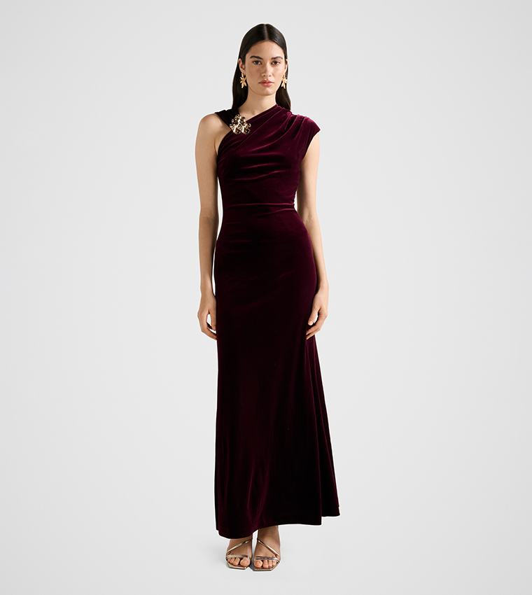 FN JORDANA Asymmetric Shoulder Velvet Maxi Dress