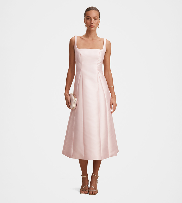 white long sleeve lace midi dress Gathered midi dress with lace trim