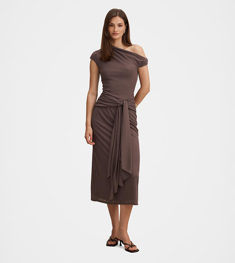 FN PIPER Draped Tie Detail Midi Dress