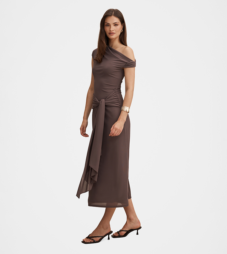 FN PIPER Draped Tie Detail Midi Dress