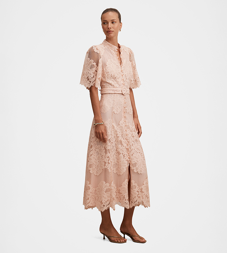 Buy Forever New FN LIBERTY Flutter Sleeves Lace Midi Dress In Pink |  6thstreet UAE