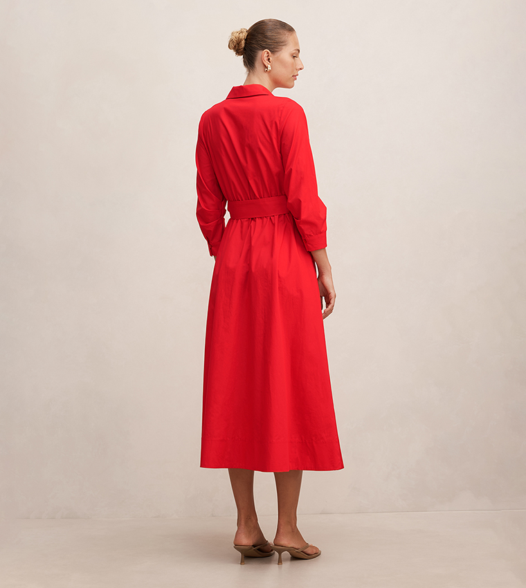 SALLY Solid 3/4 Sleeves Cotton Shirt Dress