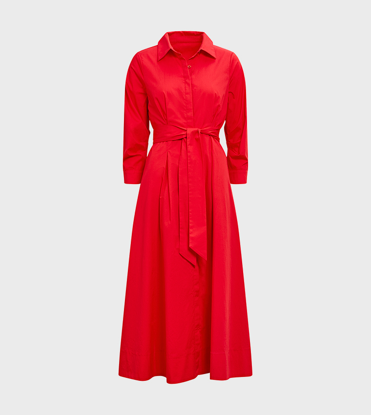 SALLY Solid 3/4 Sleeves Cotton Shirt Dress