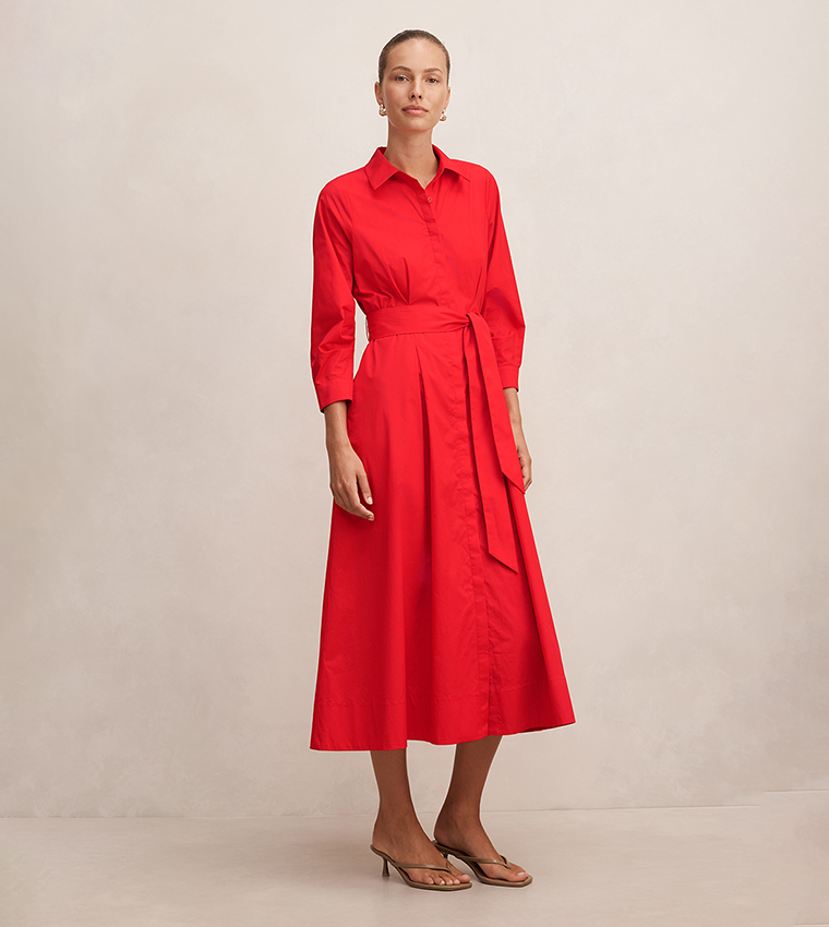 SALLY Solid 3/4 Sleeves Cotton Shirt Dress